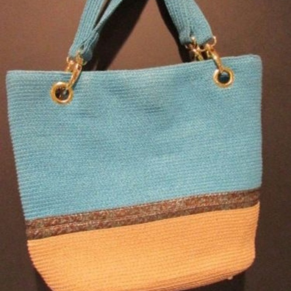 OKPTA Bags Okpta Tan Blue Paper Straw Tote Bag Handbag Poshmark